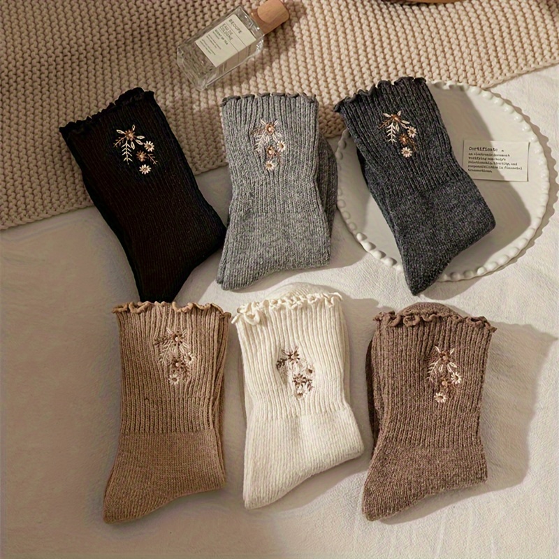 Embroidery On Socks - 6 Paar Pluche Borduren Kleine Bloem