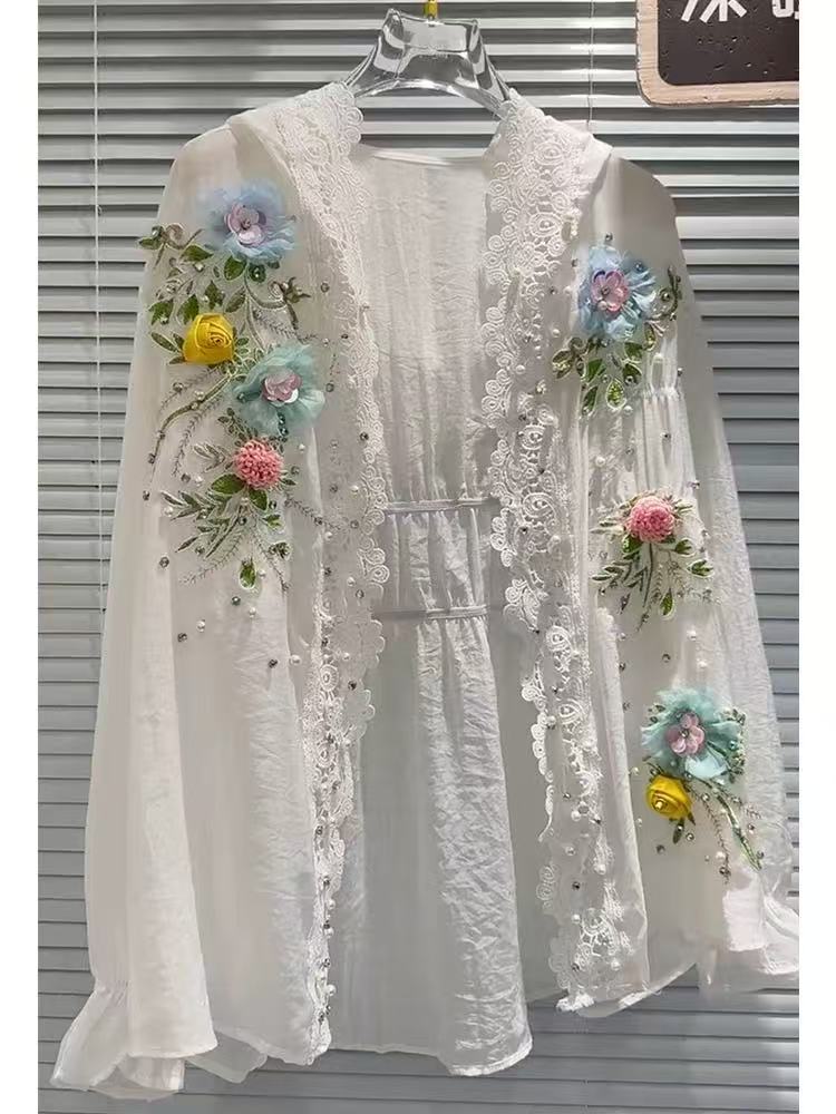 Embroidery Cardigan - Ademend katoen gemengd wit zonnebrandcrème shirts